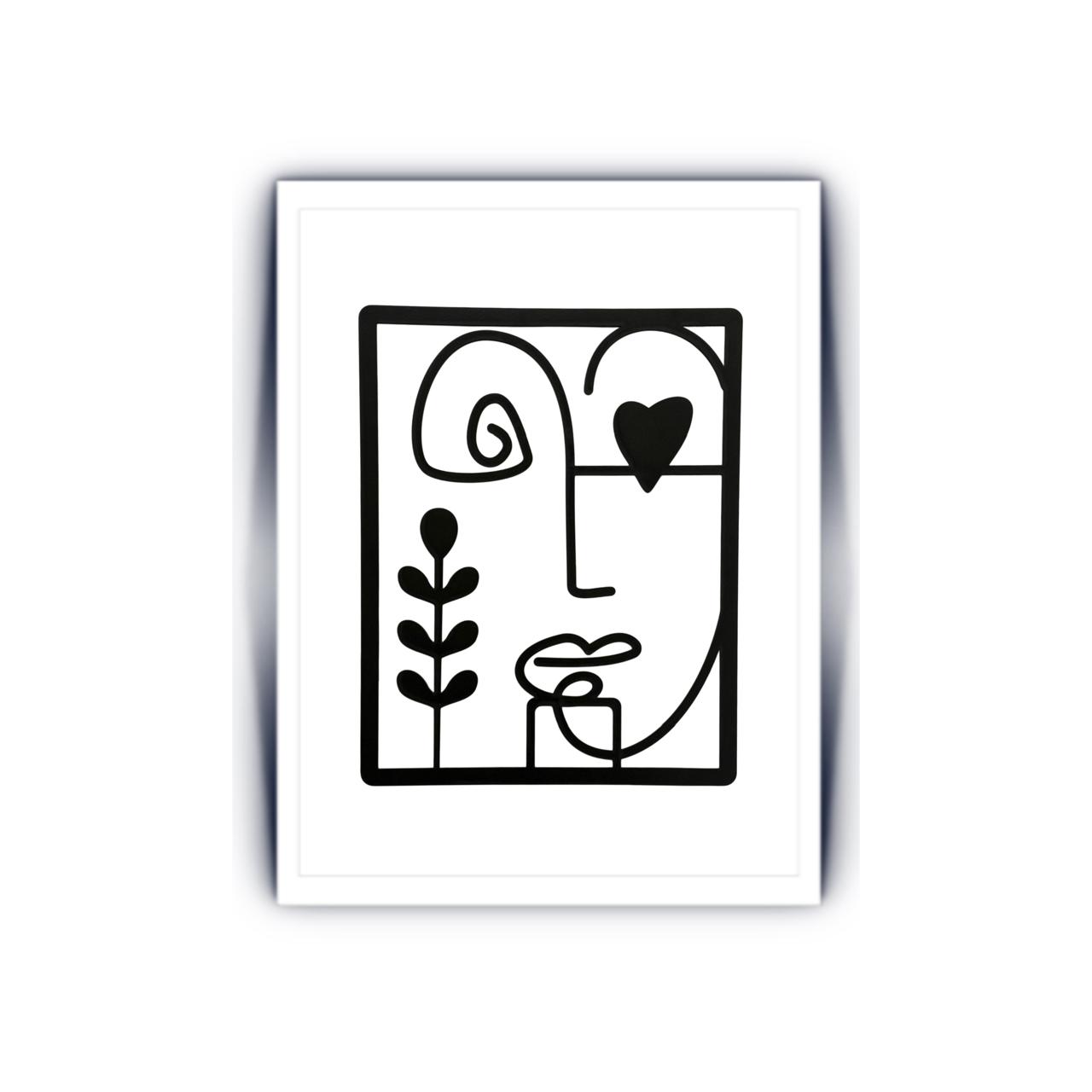 "Abstract Line Art Face with Heart and Plant"